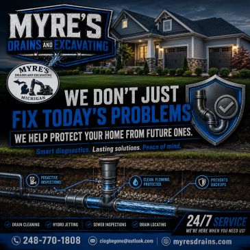 Myre's Drains and Excavating ad with phone number and services listed.