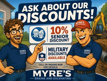 Cartoon ad for Myre's Drains and Excavating discounts.