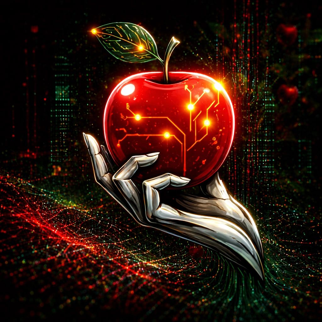 A robotic hand holding a glowing digital apple with circuit patterns.