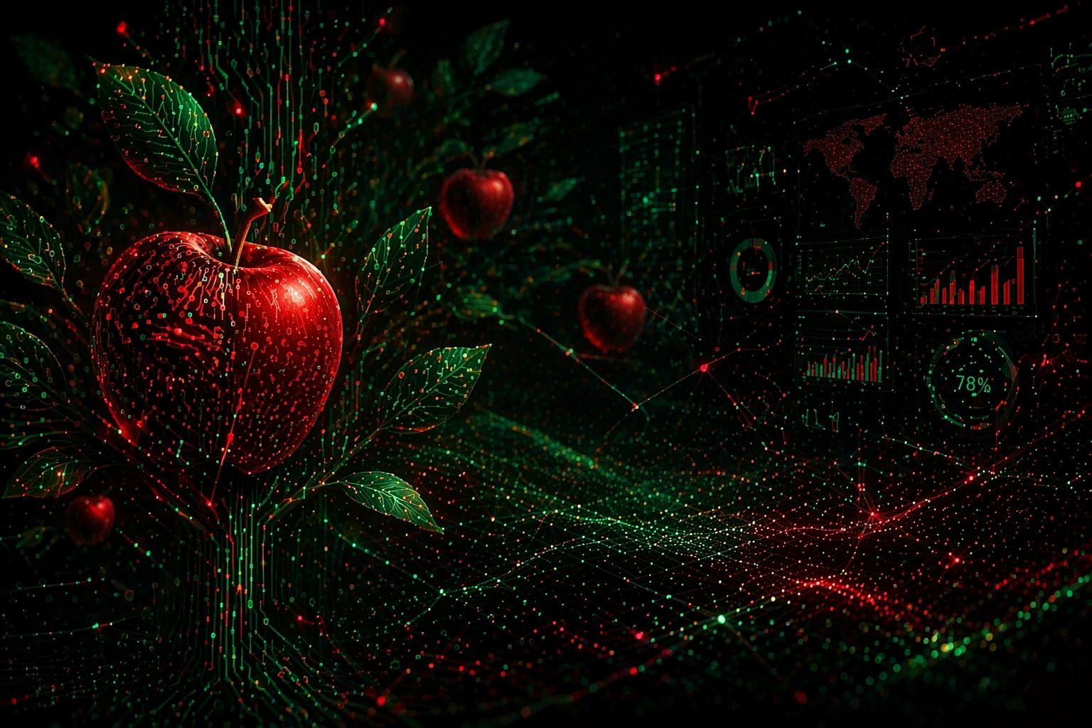 Digital apples with circuit-like patterns and data visualizations in a futuristic setting.