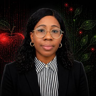 Professional woman with glasses in front of a digital apple and circuit board background.