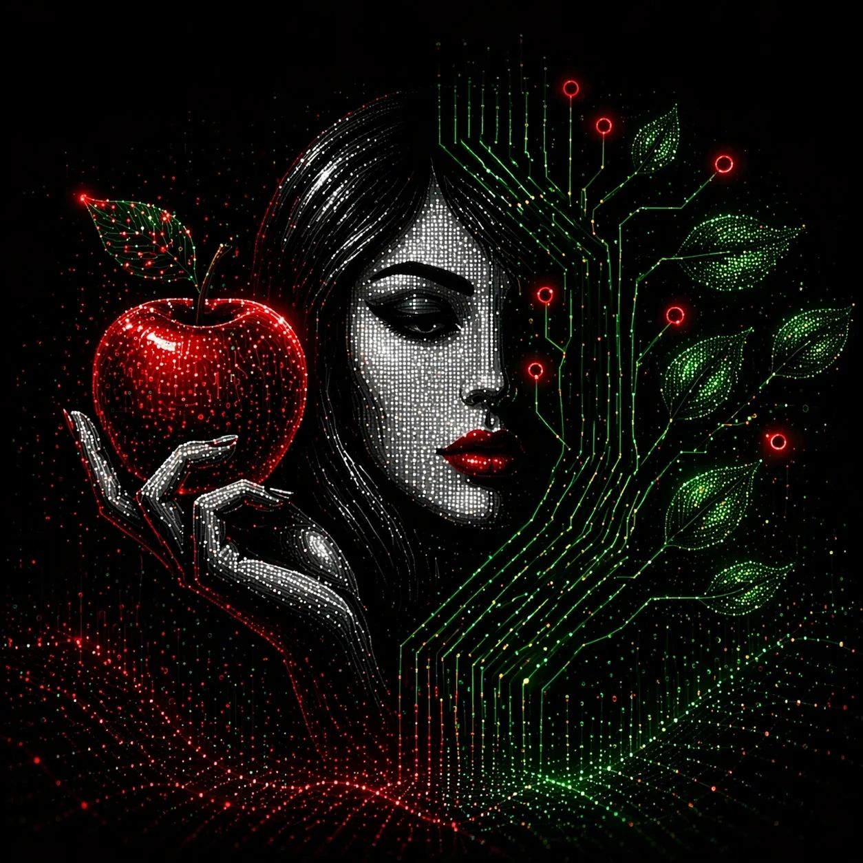 Digital art of a woman holding a red apple with circuit-like green leaves.