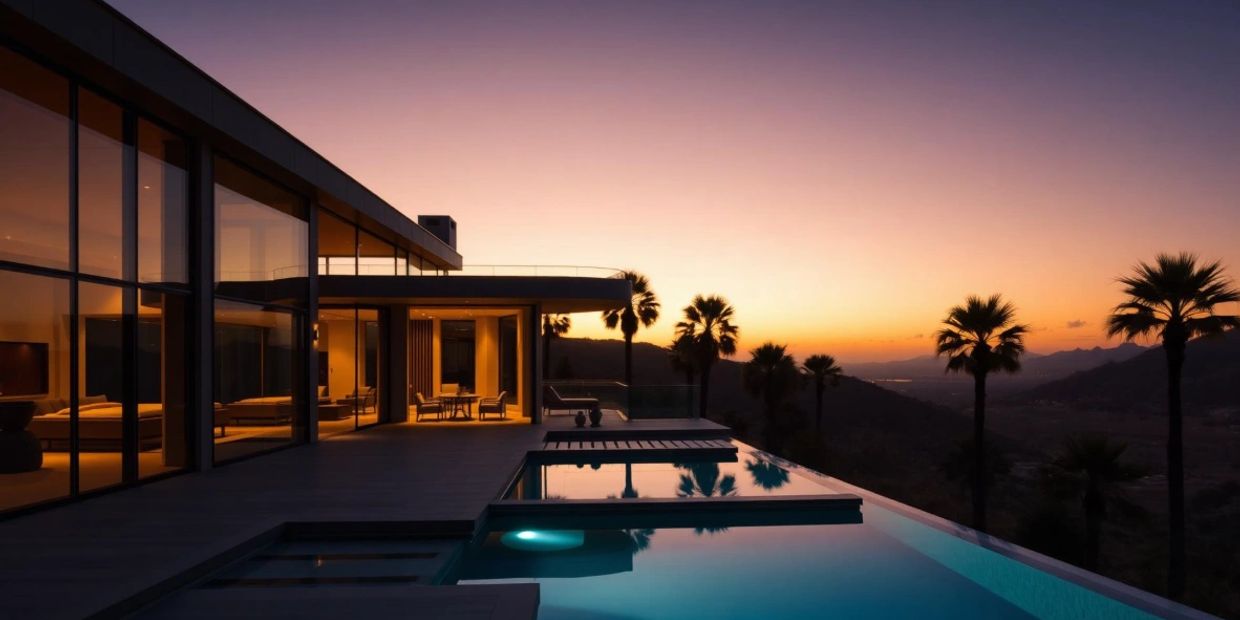 Modern house with infinity pool at sunset and palm trees.