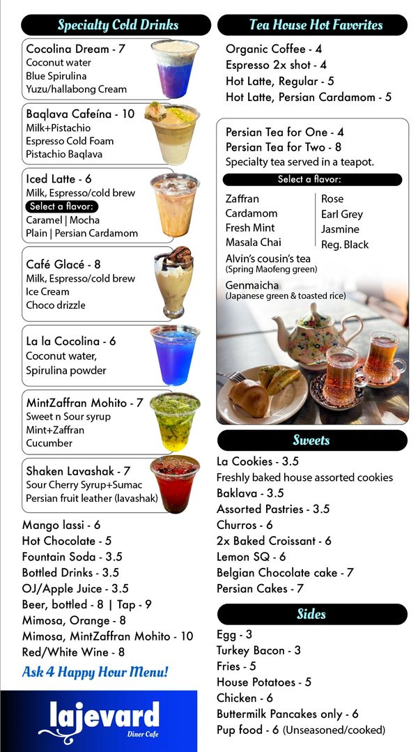 Menu page showing Persian brunch dishes, American breakfast platters, halal breakfast options, coffe