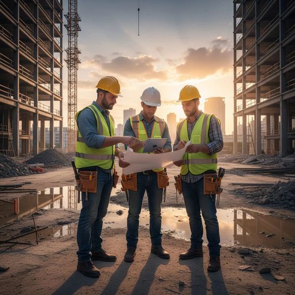 Three construction workers reviewing plans at a building site during sunset.