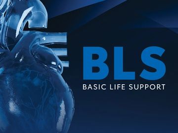 3D heart model with BLS Basic Life Support text on dark blue background.