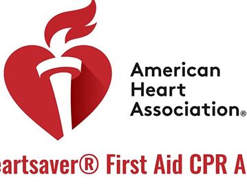Logo of American Heart Association with heart and torch symbol.