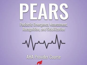 PEARS pediatric emergency course logo with heartbeat graphic and purple background.