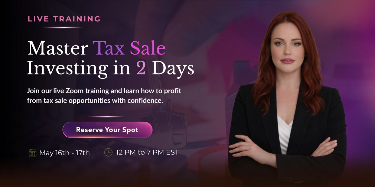 Live training on mastering tax sale investing in 2 days with expert guidance.
