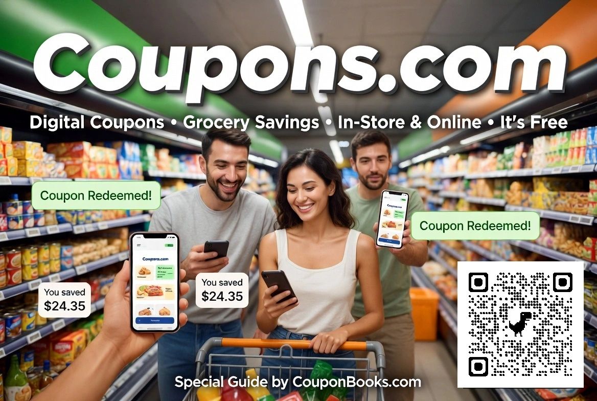 Happy shoppers using Coupons.com for savings with digital coupons in a grocery store.