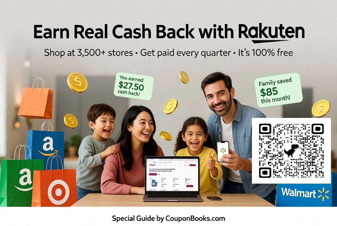 Happy family earning cash back shopping with Rakuten at major stores like Amazon and Walmart.