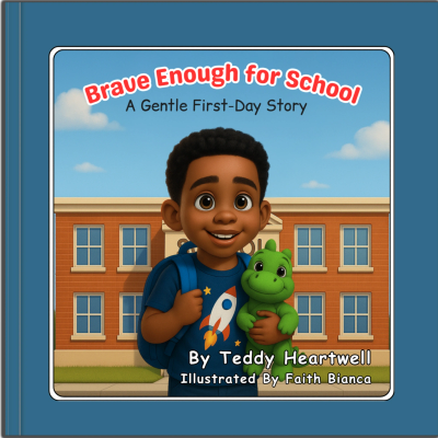 Book cover of Brave Enough for School by Teddy Heartwell, featuring a smiling young boy with a backp