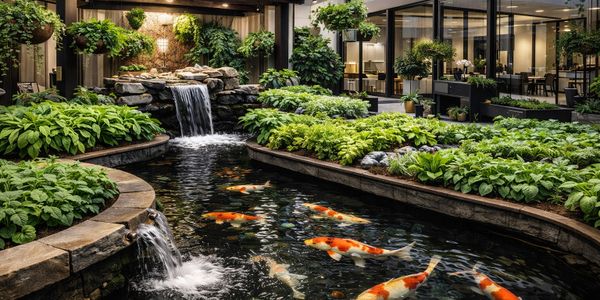 Indoor koi pond with waterfalls and lush greenery in a modern office setting.