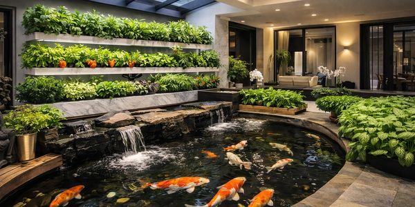 Indoor koi pond with waterfall and lush green plants.