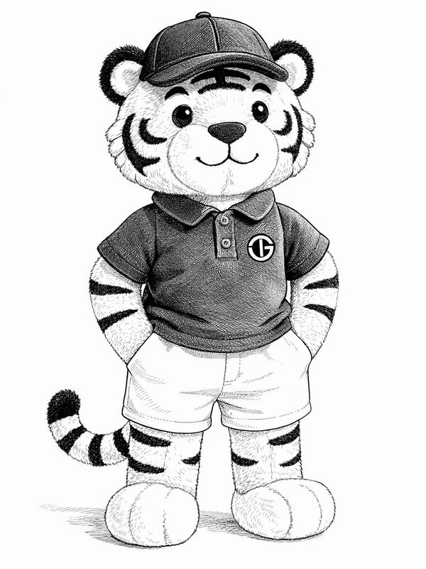 A cute tiger cub in a cap, polo shirt, and shorts.
