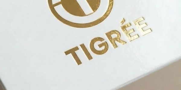 Close-up of a white box with gold embossed logo and text 'TIGRÉE'.