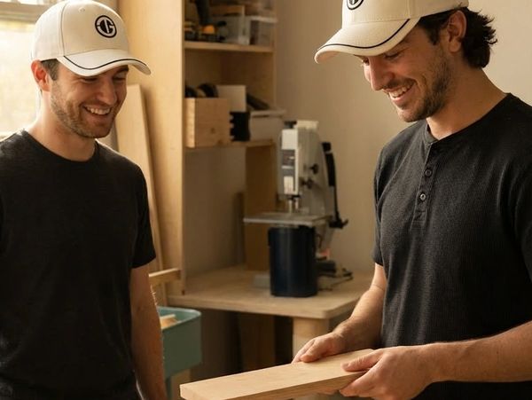 Two men in caps smiling while examining a wooden plank in a workshop.