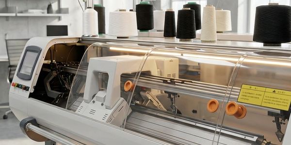 Industrial knitting machine with multiple yarn spools in a factory setting.