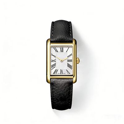 Classic rectangular watch with gold case and black leather strap.