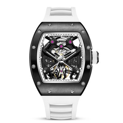 Luxury white wristwatch with skeleton dial and black bezel.