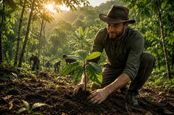 Planting cacao trees in the Dominican rainforest