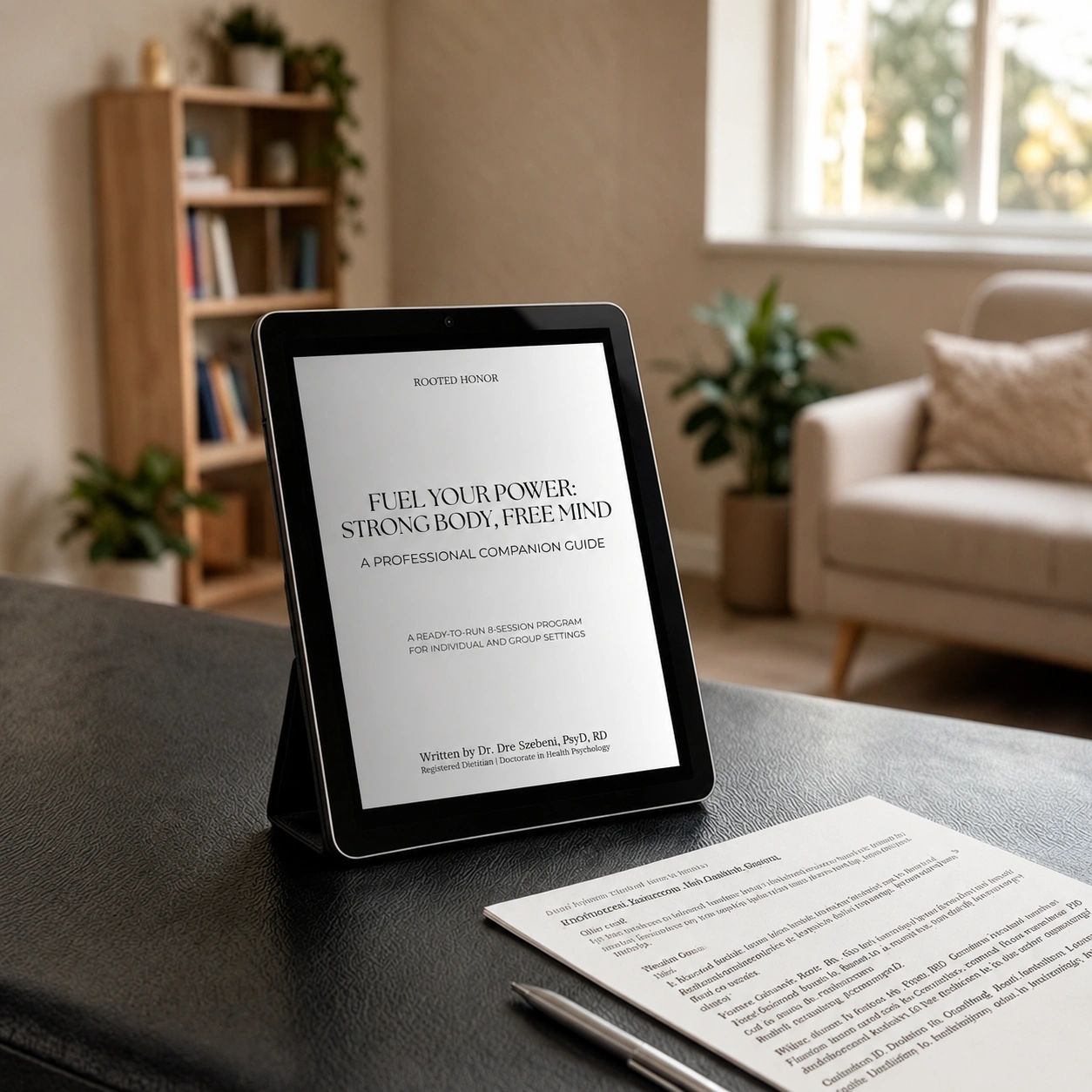 Tablet displaying a professional guide titled 'Fuel Your Power: Strong Body, Free Mind'.