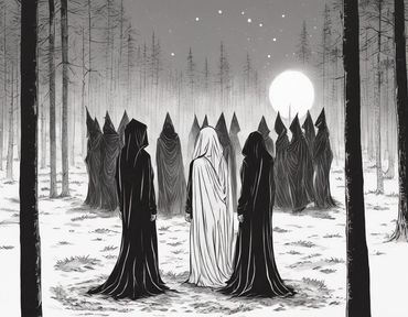 witches, pagans, coven, occult, gothic coven poster, gothic, stark image, moonlit gathering