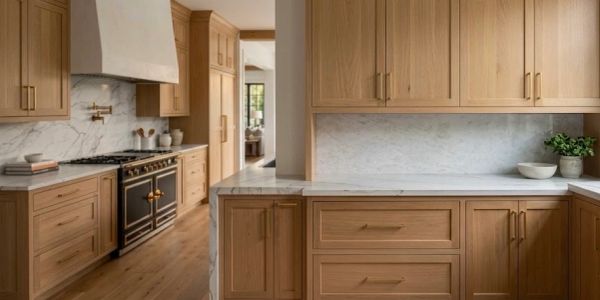 Modern kitchen with wood cabinets and marble countertops.