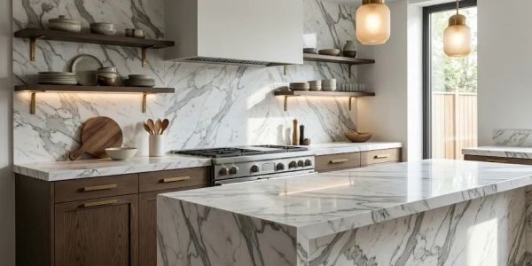 Modern kitchen with marble countertops and wooden cabinets.