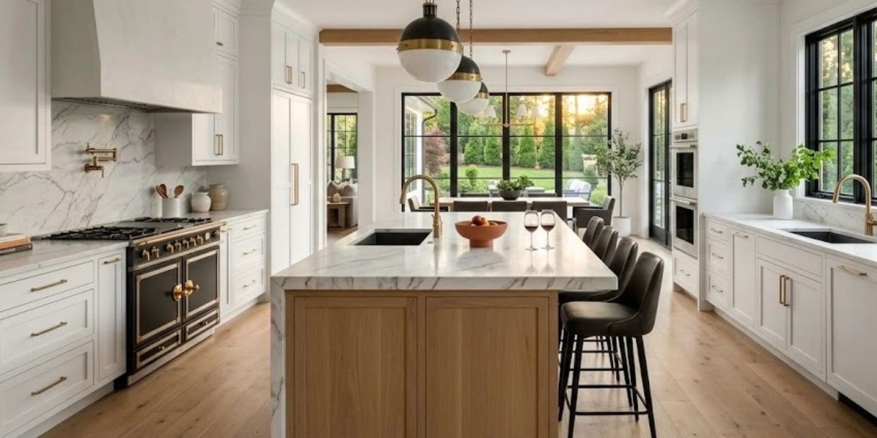 Modern kitchen with marble island and large windows.