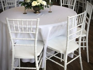 140 - Chiavari chairs
10 - 60" Round Tables
2 - 8' Banquet Tables
White Table Cloths (floor length)