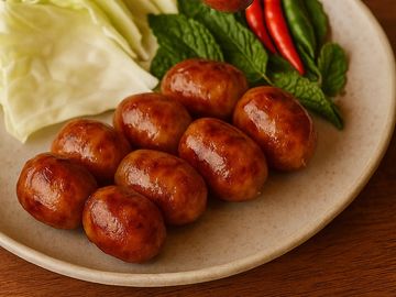 Glazed sausages served with fresh cabbage, mint, and red chili peppers on a plate.