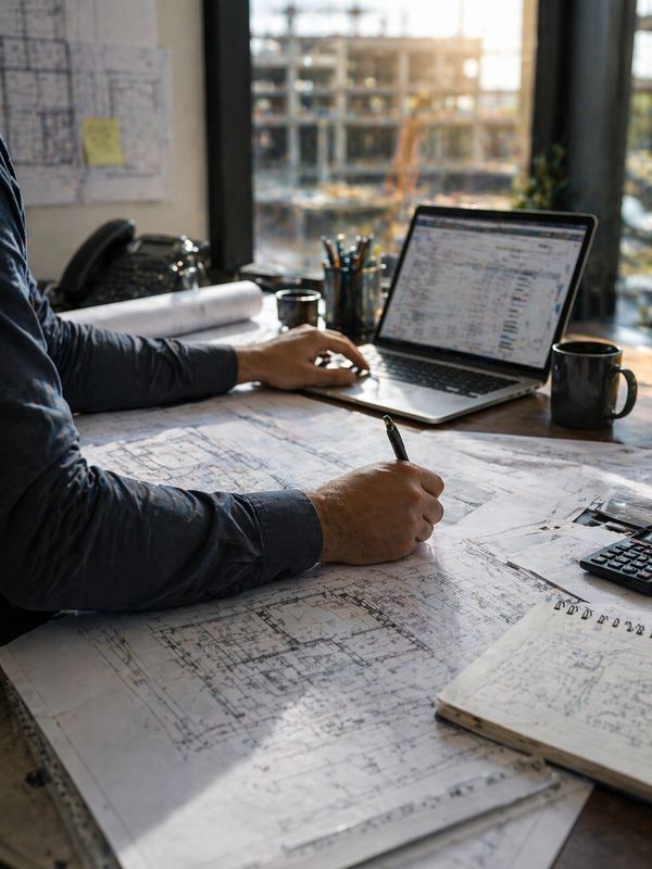 Architect working on blueprints with laptop and notes in construction office.