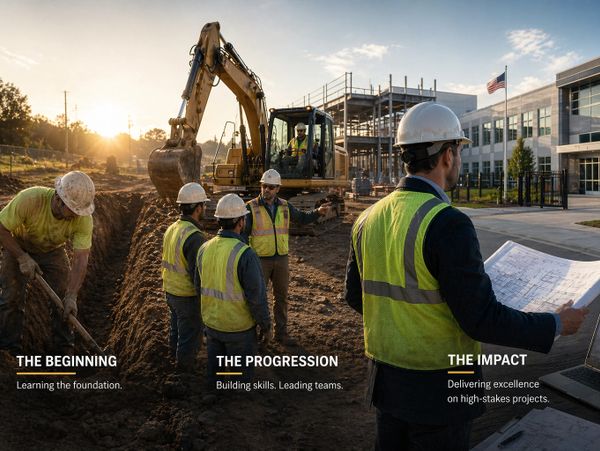 Construction workers at a site symbolizing growth stages from learning to impact.