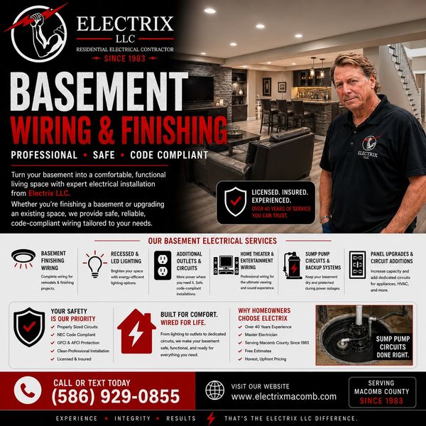 Professional basement wiring and finishing services by Electrix LLC, licensed and insured since 1983.