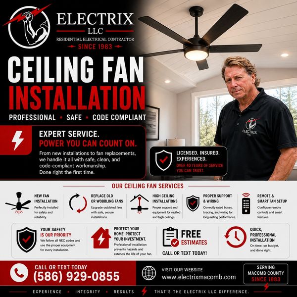 Professional ceiling fan installation by Electrix LLC with expert, safe, and code-compliant service.