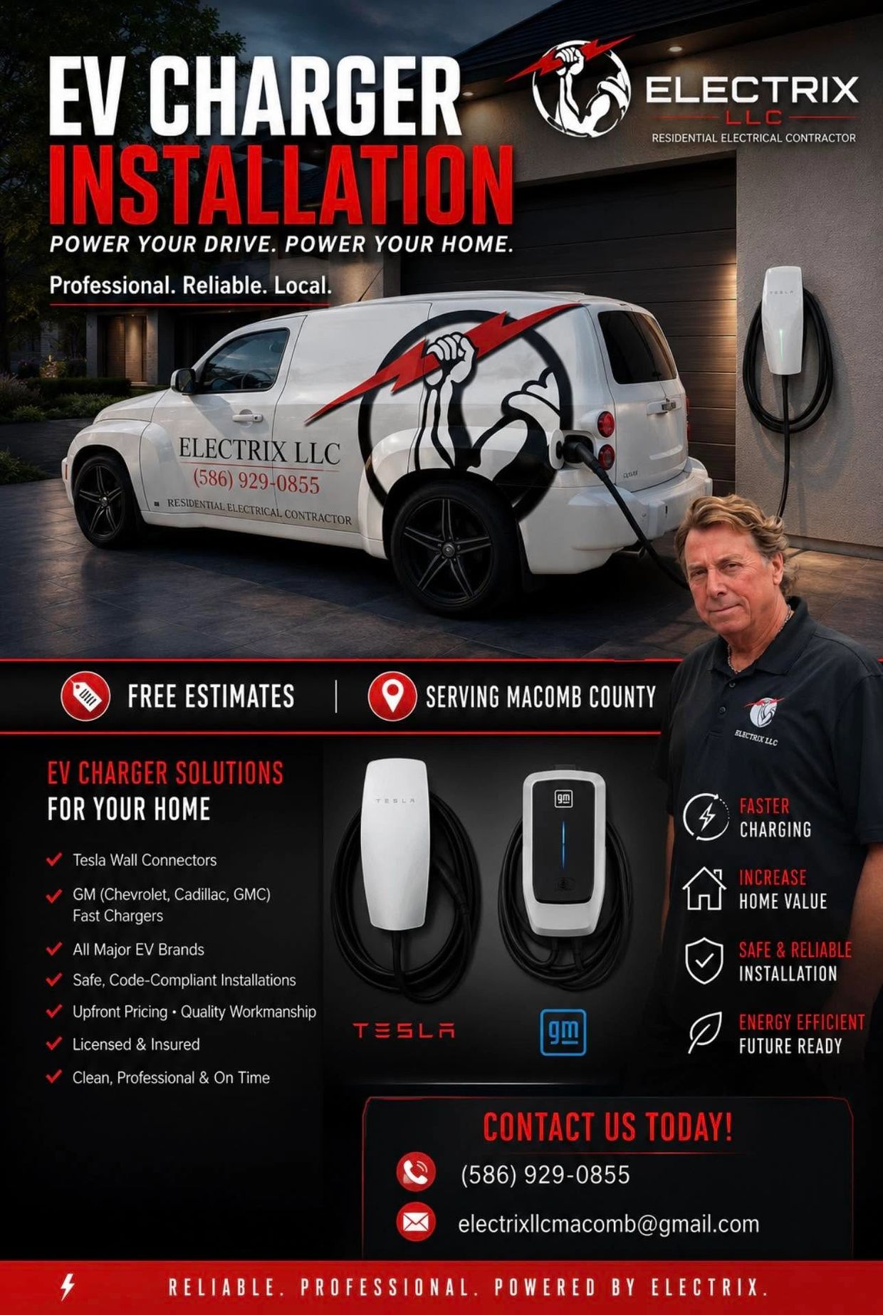 Advertisement for EV charger installation by Electrix LLC in Macomb County.