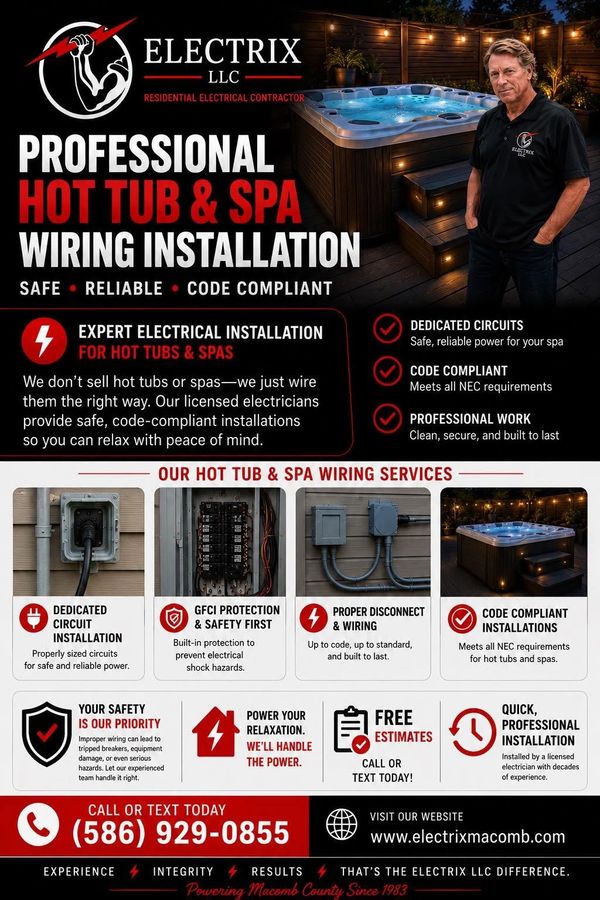 Professional hot tub and spa wiring installation by Electrix LLC, ensuring safe and code-compliant service.
