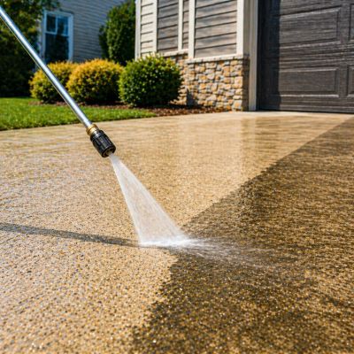 Pressure washing a driveway to remove dirt and grime.