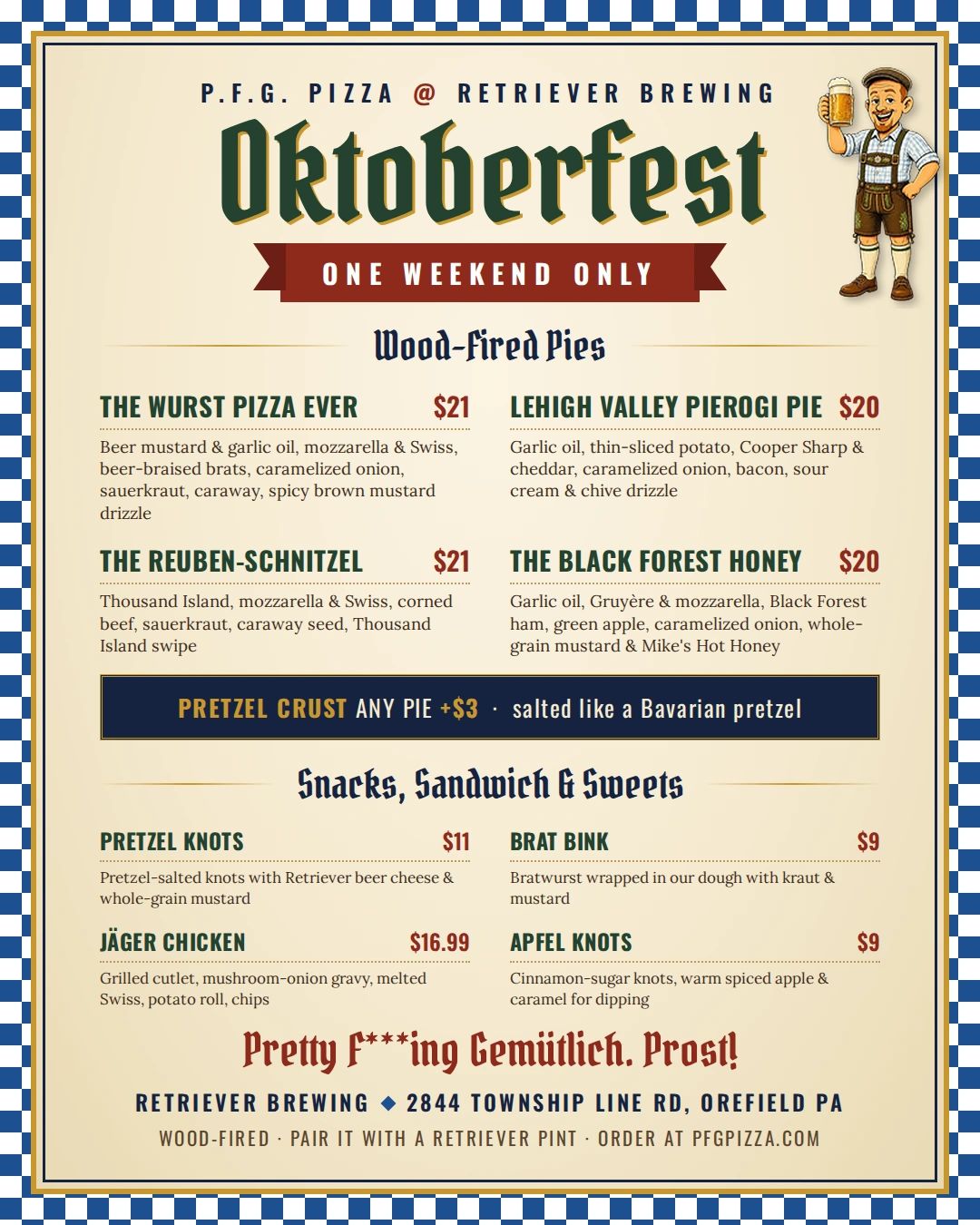 P.F.G. Pizza Oktoberfest specials menu at Retriever Brewing