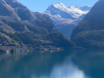View of the Lac of  Chevril next to Tignes with Val d'Isère in the background 