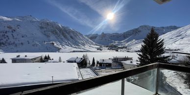 View from a balcony over the lac in Tignes 