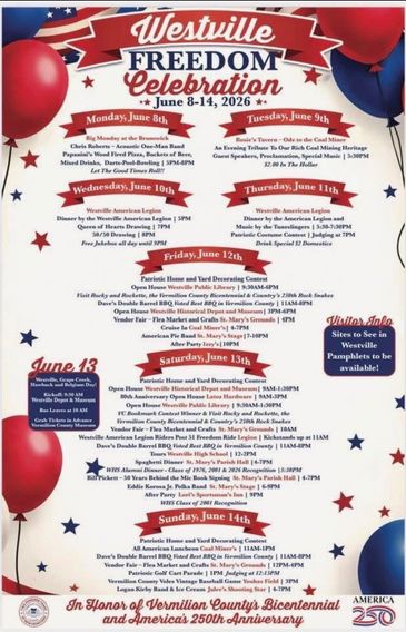Westville Freedom Celebration event schedule from June 8-14, 2026, with daily activities and contests.