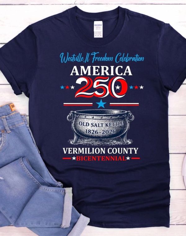 Navy blue T-shirt celebrating America's 250th with Old Salt Kettle and Vermilion County Bicentennial.