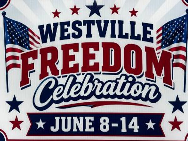 Westville Freedom Celebration event from June 8 to 14 with American flags.