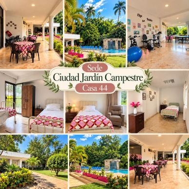 Collage que muestra una casa de campo con piscina, jardines y habitaciones acogedoras.