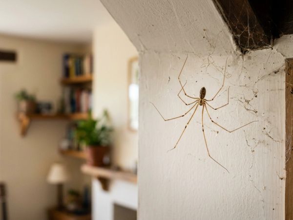 A large spider on a white wall in a room.