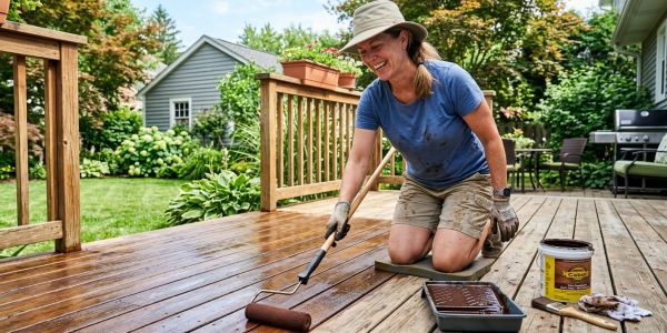 Woman staining a wooden deck outdoors on a sunny day.