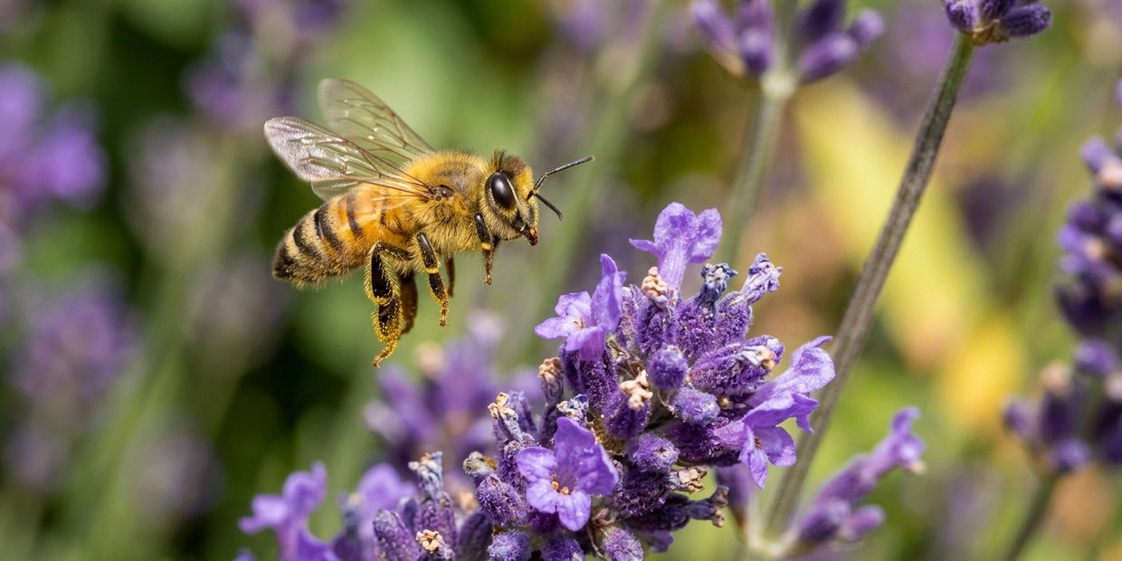 A bee hovering near vibrant purple lavender flowers.