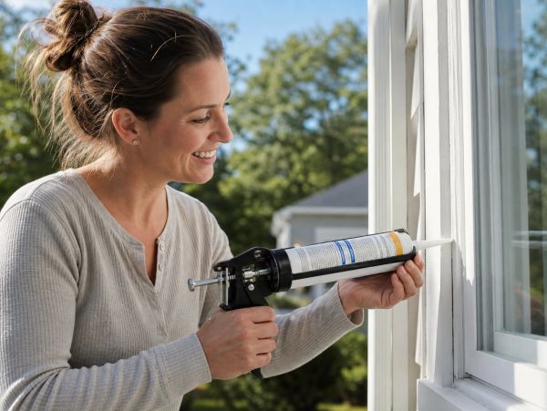 Woman applying caulk to a window frame outdoors.